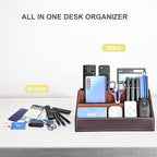 KINGFOM Pu Leather Desk Organizer with 5 Compartments Holder, Multi-Functional Office Supplies Storage Caddy for Pen/Pencil, Phones, Remote Controller and Desktop Accessorie Brown