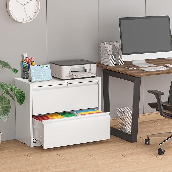 Pataku Lateral File Cabinet, 2 Drawer File Cabinet with Lock, White Filing Cabinets for Home Office, Metal File Cabinet for Hanging Files/Letters/Legal/F4/A4(2Drawer/White)