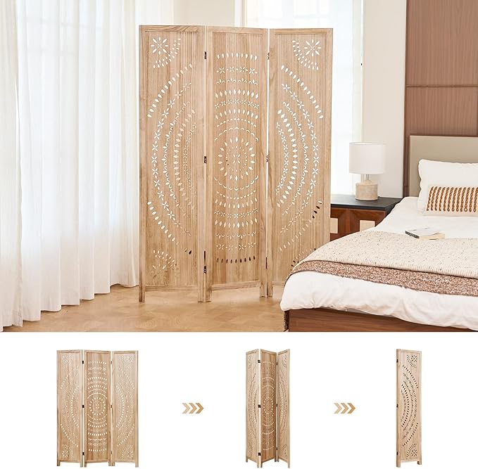 66.9Inch Folding Room Divider, 3 Panels Wood Carved Privacy Screens, Free Assembled Freestanding Partition for Home Office Restaurant Bedroom (Natural)