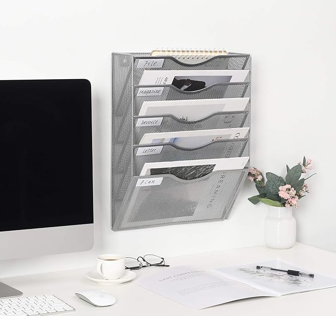 EasyPAG Hanging Wall File Organizer, 5 Pocket Wall Mounted Mail Organizer, Vertical Document Folder Holder with Nametag Label, Space Saving Paper Storage Magazine Rack for Office Home School, Silver