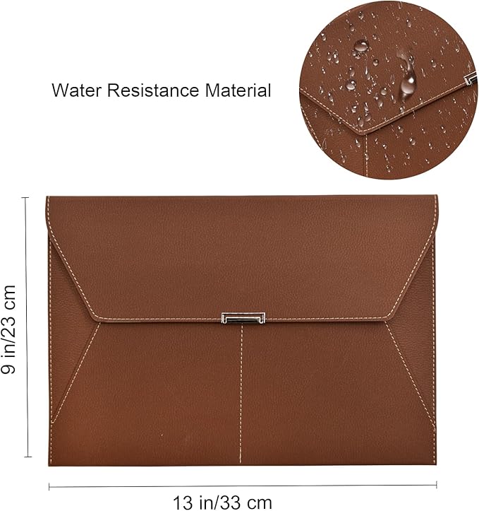 VANRA File Folder Document Holder Organizer Waterproof Portfolio Leather Folder Case with 3 Pockets, Filing Envelopes for A4 Letter Size Paper with Snap Magnetic Button Closure (Brown)