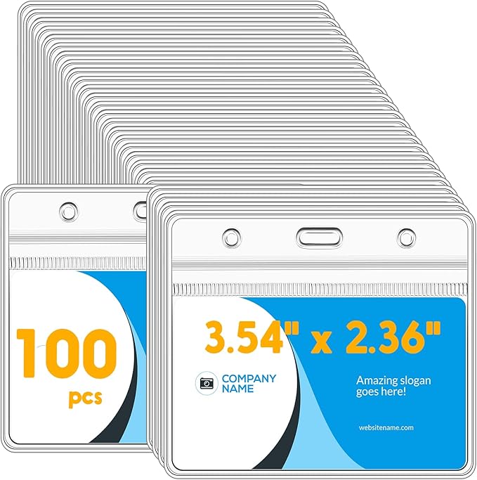 Marspark 100 Pieces Clear Plastic Horizontal Name Badge ID Card Holders with Waterproof Type Resealable Zip, 3.54 x 2.36 in, Transparent PVC Sleeve for Office Back to School Supplies