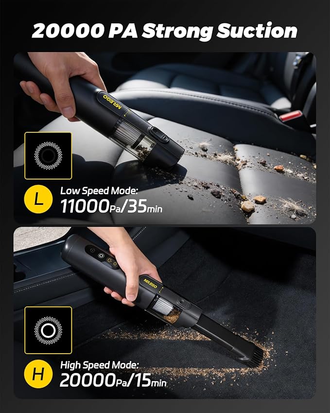 Mr.ego Car Vacuum Cleaner – Cordless Handheld Vacuum High Power with 20000Pa Suction, 4-in-1 Portable Vacuum Cordless, LED Light, Mini Vacuum Cleaner for Car, Office Desk & Home