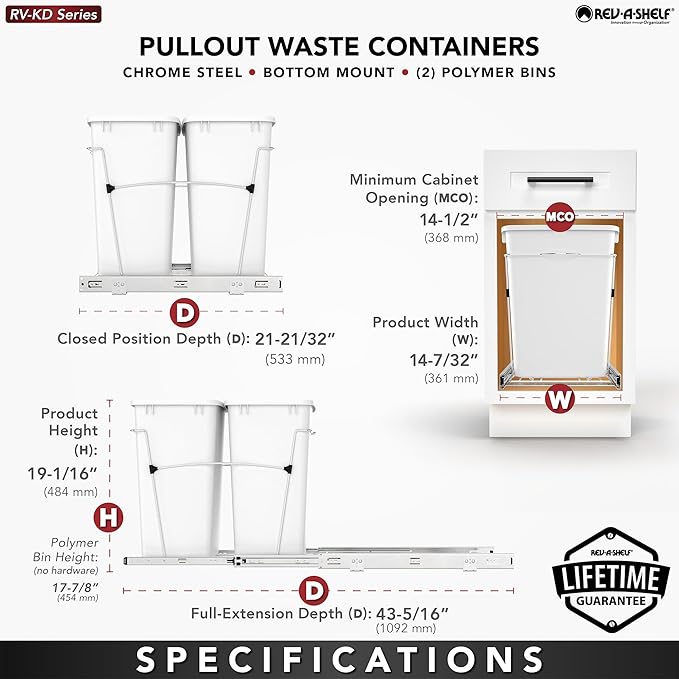 Rev-A-Shelf RV-18KD-2218C-S Double Pullout Trash Cans for Kitchen Cabinets 35 Quart Garbage Recycling Bin on Full Slides, Blue/Black