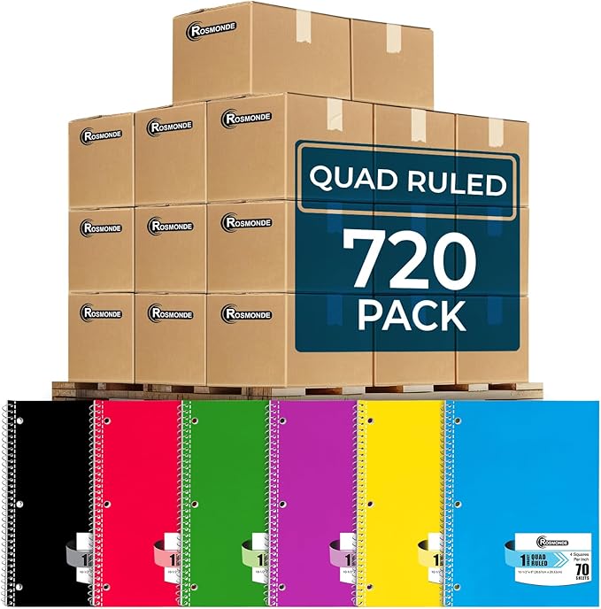 Rosmonde 720 Packs (Pallet) 1 Subject Notebooks, Spiral Notebook Bulk, Quad Ruled, Pallet of Notebooks, 70 Sheets (140 pages), 8 x 10-1/2", Bulk Spiral Notebooks for School & Office, 4-7 Days Transit