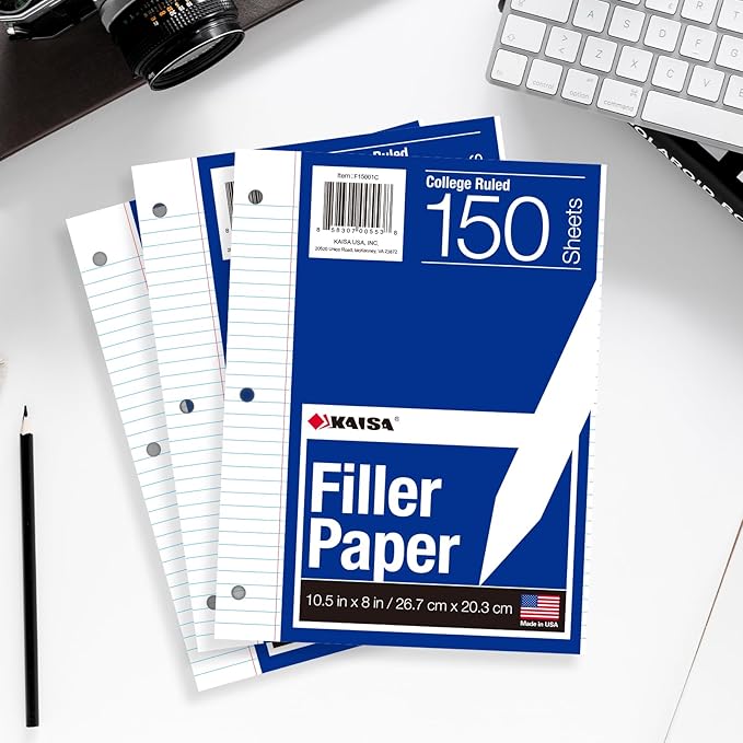 Kaisa Notebook Paper 24 Pack 8x10.5 3600 sheets College Ruled Loose Leaf Paper Filler Paper for 3-Ring Binder Paper 150 Sheets/Pack Notebook 3-Hole Punched Lined Paper(24Pack-college)