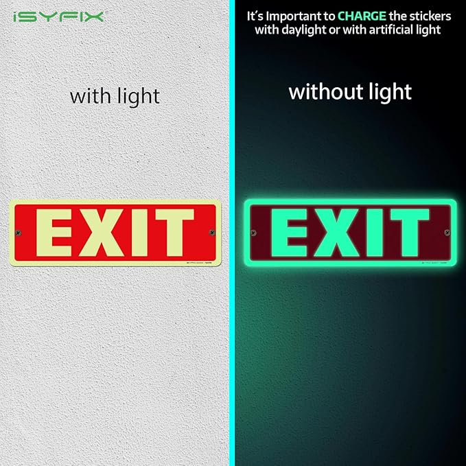 iSYFIX Exit Glow in the Dark Sign Aluminum – 6 Pack 12x4 Inch – Photoluminiscent, Laminated for Ultimate UV, Weather & Fade Resistance, Indoor & Outdoor for Business, School, Office, Warehouse