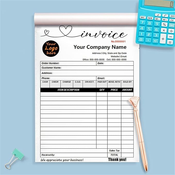 Custom Invoice Book in 3-Part /2-Part Receipt Book with Carbon Copies Personalized Carbonless Service Invoice Form Books Sales Order Book with Company Name Logo Address,F-Invoice Book with Logo