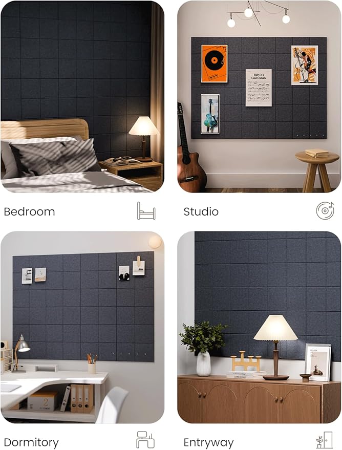 Large Felt Bulletin Board 48" x 36", 12-Pack 4-Compartment Wall Organizer, Cork Board Alternative with 70 Removable Adhesive Tabs, Modular Felt Panels for Home Office, Classroom and Study-Navy Blue