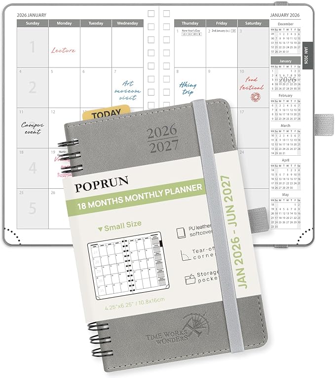 POPRUN Pocket Monthly Planner 2026-2027 (Small Size 4.25" x 6.25") 18 Months Calendar Book(Jan 2026 - Jun 2027) - 4 Pages per Month with Expense & Notes, Leather Cover, Sunday Starts - Grey