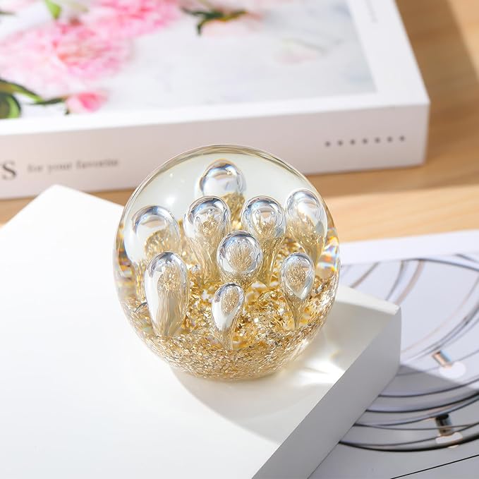 Arikyrist Glass Figurines Ball Ocean Waves Paperweight Glass Ball for Friends Ocean Lovers, Clear Bubble Ball with Sprouting Bubbles & Golden Light Decoration for Home, Office and Aquarium