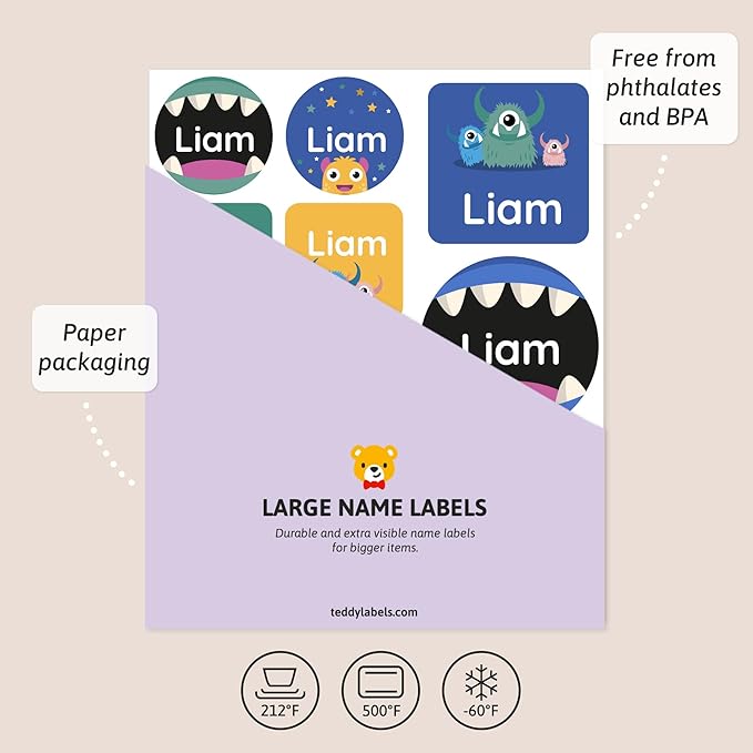 Large Name Labels for Kids (33) - Custom Stickers for Daycare and School Supplies - Durable, Waterproof Stickers for Water Bottles, Lunch Boxes, and More with Unique Designs - Monster