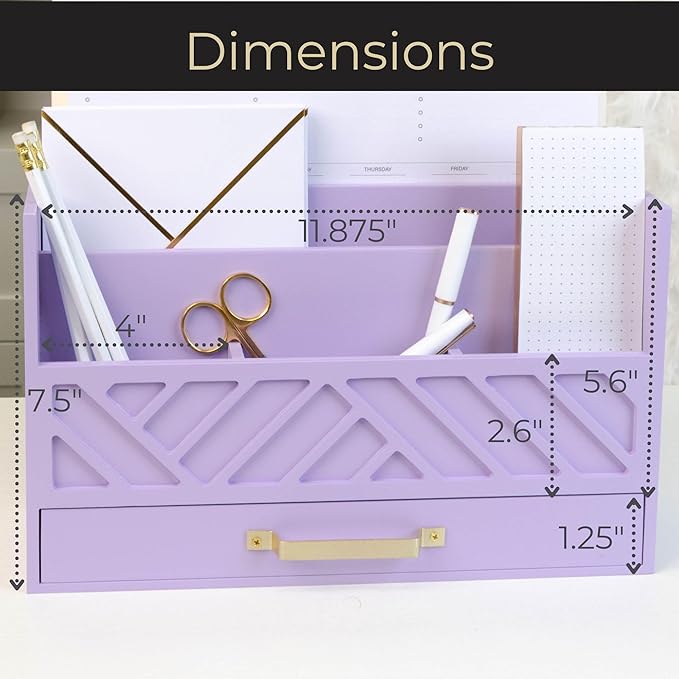 BLU MONACO Purple Mail Organizer Countertop | Wooden Desk Storage with Drawer | Mail Sorter & Bill Holder for Desk | Farmhouse Desktop Organizer with Basket for Home, Office & Kitchen