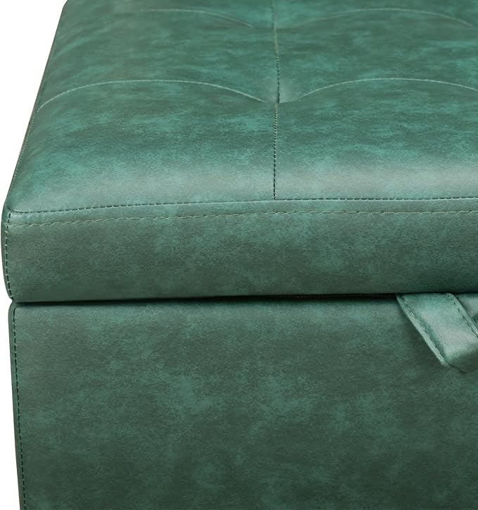 Adeco Green Faux Leather Storage Ottoman with Hinged Lid, 14" Green Square Cube Foot Stool with Storage, Upholstered Vanity Stool with Black Solid Wood Legs for Living Room, Bedroom