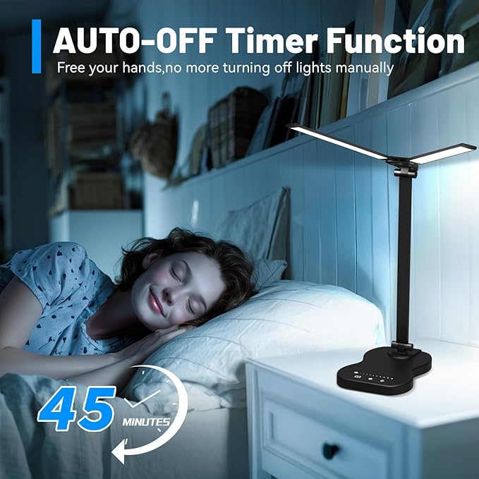 Ddlisu LED Desk Lamp with USB Charging Port, 5 Color Modes 10 Brightness, Dual Swing Arm Dimmable Desk Lamps for Home Office Nail Dorm (Black)