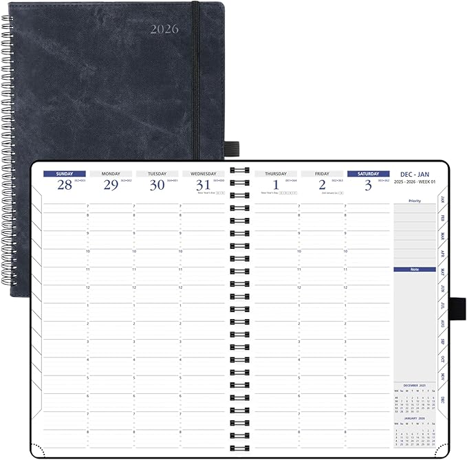 POPRUN 2026 Weekly Planner (A4-8.25'' x 11.75''), Quarter-Hourly Appointment Book (Jan. 2026 to Dec. 2026) with Monthly Tabs, Spiral Softcover, 2 Inner Pockets, Pen Holder - Black