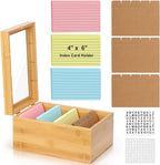 4x6 Index Card Holder with Dividers Bamboo Index Card Organizer Box 4 Compartments Flash Cards Holder with Lid 150 Index Flash Cards 25 Index Cards Dividers 2 Letter Smile Stickers for Office Business