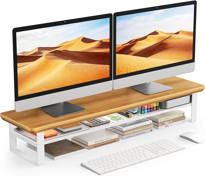 NestNeat Dual Monitor Stand, 35.4 Inch Monitor Stand Riser for 2 Monitors, 2 Tiers Wood Desk Shelf with Storage, Desktop Organizer Stand for Computer, Laptop, Printer, TV (Cherry Wood, 35.4in)