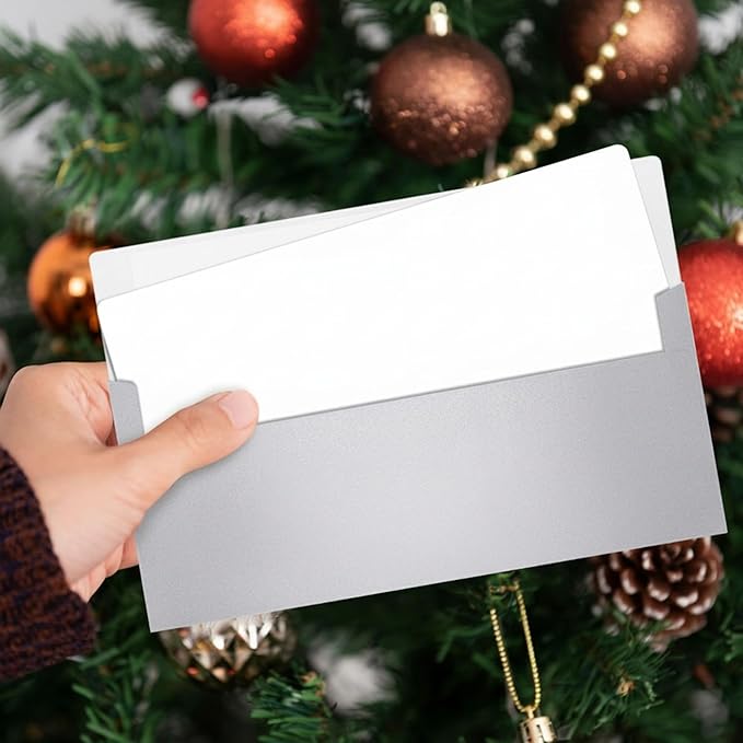 YooNotee 100 Count #10 Silver Metallic Business Envelopes, 80 lb, 4 1/8" x 9 1/2" Metallic Business Letter Size Envelopes, Peel & Press Square Flap, Printable for Professional Mailing and Office Use