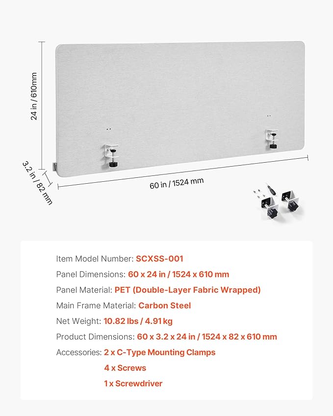 VEVOR Desk Divider Privacy Panel, 60" x 24" Clamp-on Office Desk Partition, PET Cubicle Partition Panel, Workstation Privacy Divider with 2 C-Type Clamps for Office, Sturdy Room, Library
