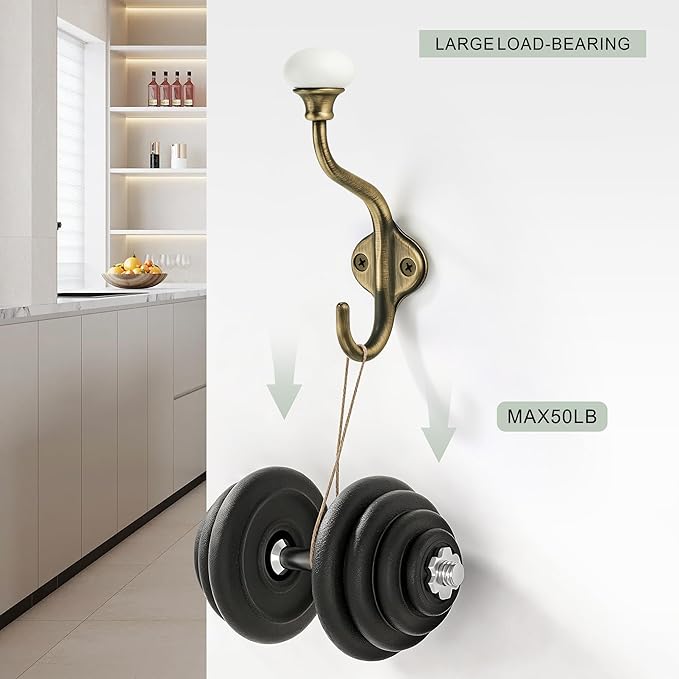 TUNNY Coat Hooks - 5 Pack Brushed Antique Brass Towel Hooks Robe Hooks Decorative Wall Hooks for Bathroom Bedroom Kitchen Towel Robe Clothes Cabinet Closet Bathroom Hardware