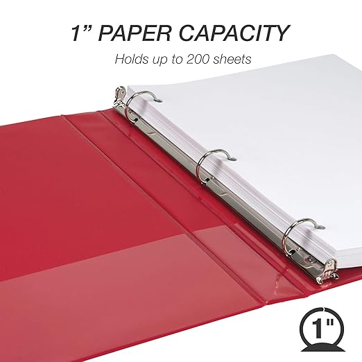 Samsill 1 Inch 3 Ring Binder, Made in USA, Economy Round Ring, Clear View Cover, 200 Sheet Capacity - for School, Home, Office - Ruby Red
