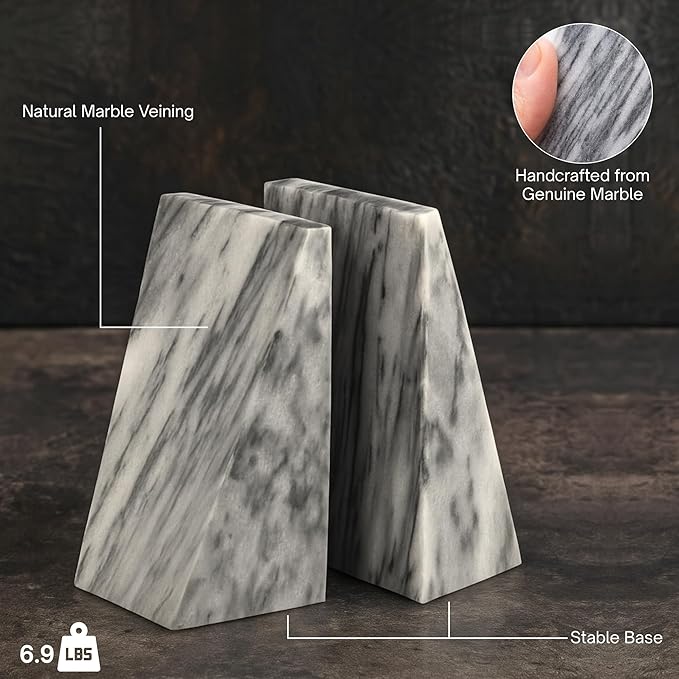 Bey-Berk Harold Carrera Marble Bookends (Grey, Set of 2), 4" x 2.5" x 6" Wedge Book Ends, 6.45 lb Solid Stone Desk and Shelf Decor