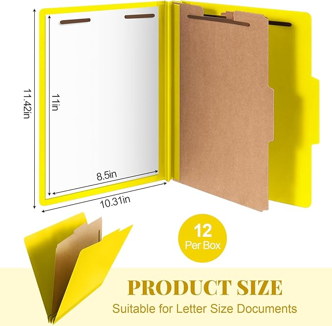 Skyygemm 12 Pcs Classification Folders Letter Size, 1 Divider Pressboard File Folder with Fasteners, Expanding File Organizer Bulk for School Teachers, Office Employee, Coworker, Staff (Yellow)