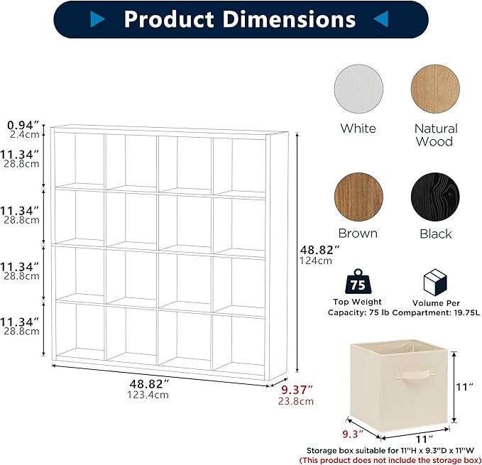 Jpiziso 16-Cube Storage Organizer Bookcase, Thick Frame Wood Grain Storage Shelf, Rectangular Cube Open Back Display Unit, 48.8x9.4x48.8 Inches for Living Room, Bedroom, Home Office, Natural Brown