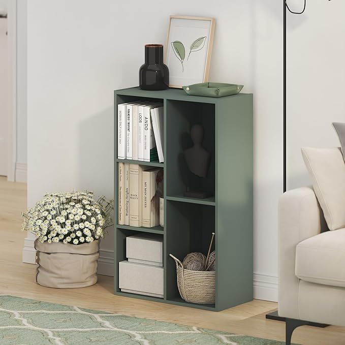 Furinno LUDER Book Shelf, 5-Cube Bookshelf, Reversible Bookcase, 9.4" x 19.5" x 31.5", for Living Room, Bedroom, Home Office, Sage Green