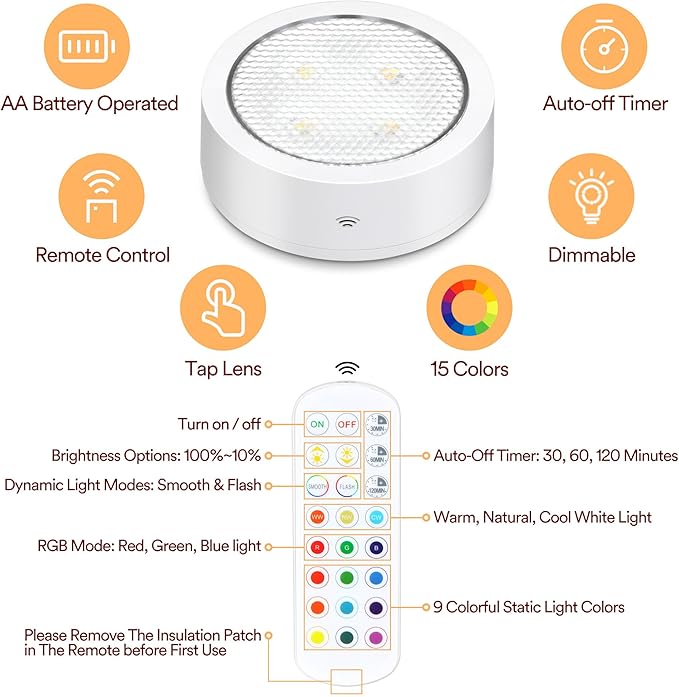 TECOMLIGHT Puck Lights with Remote Control, Battery Powered Wireless LED Under Cabinet Lighting, RGBCW Stick On Push Lights 6 Pack - White