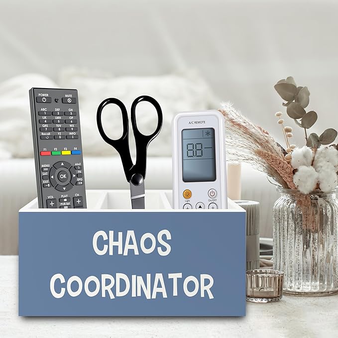 XPH Chaos Coordinator Blue Pen Pencil Holder Organizer for Desk, Thank You Gifts for Women Men Coworkers Boss Leader Manager, Appreciation Gifts Wooden Box Sign for Office Tabletop Decorations