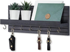 Lwenki Decorative Key Holder for Wall with Shelf, Entryway Shelf with Hooks Holds Leashes, Jackets and Glasses – Sturdy Wood Keyholder Entrance Hanger with Mounting Hardware (Black, Large)