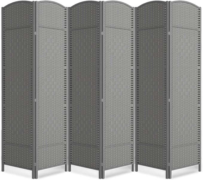 Cocosica Folding Room Divider, Weave Fiber Privacy Screen, Extra Wide Room Screen Divider Separator, Decorative Separation Wall Divider, Freestanding Room (Grey, 6-Panel)