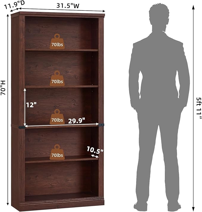 RWYHG 70" Walnut Tall Bookshelf Set of 2,5-Tier Thick Wooden Book Shelf with Adjustable Shelves,Free Standing Farmhouse Bookcase with Open Display Storage,Floor Vintage Bookshelves for Living Room