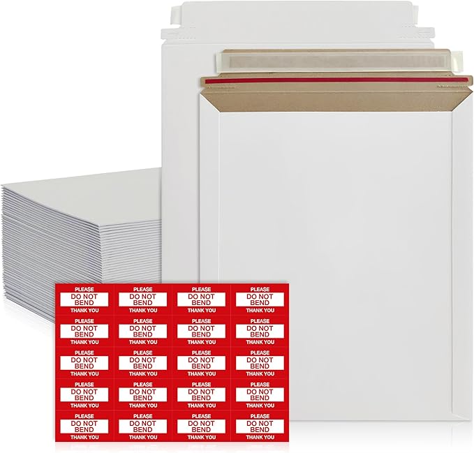 100 Pack 9x11.5 Inches Rigid Mailers – Self Adhesive White Cardboard Envelopes – Used as Mailing Supplies for Documents, Photos, CDs, Magazines, and Literature