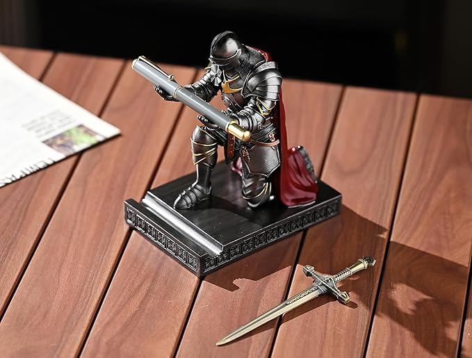 Amoysanli Medieval Armored Warrior Wearing Outerwear, Mobile Phone Stand Knight Pen Holder Desk Organizers, Resin Bookends Paperweight with a Letter Opener for Desk (Iron)