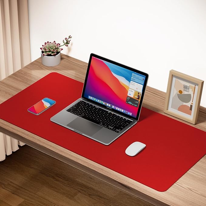 Boutilon Leather Desk Pad Protector,Non-Slip Mouse Pad,Laptop Desk Pad,Office Mouse Mat,Waterproof Leather Desk Blotter,Desk Writing Pad for Office and Home (L-Red,35"x 17")