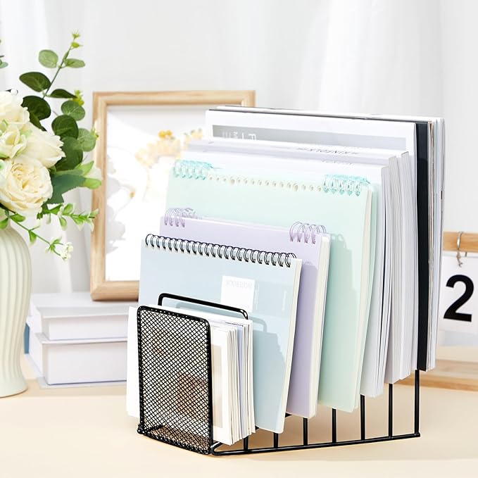 2 Pcs 7 Section Incline File Sorter Metal Wire Mesh File Rack for Desktop Letter Sorter for Magazine Folder Book Organizer Home Office School Paper Mail Desk Storage Holder (Black)