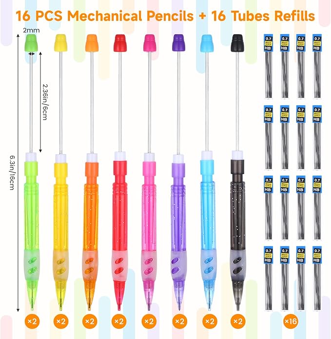 16Pcs Beadable Mechanical Pencils Bulk, Include 16 Beaded Mini Mechanical Pencil with 16 Lead Refills, Beadable Pencils with Silicone Hand Guard for Writing Drawing Sketching DIY Crafting (8 Colors)