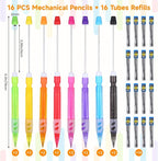 16Pcs Beadable Mechanical Pencils Bulk, Include 16 Beaded Mini Mechanical Pencil with 16 Lead Refills, Beadable Pencils with Silicone Hand Guard for Writing Drawing Sketching DIY Crafting (8 Colors)
