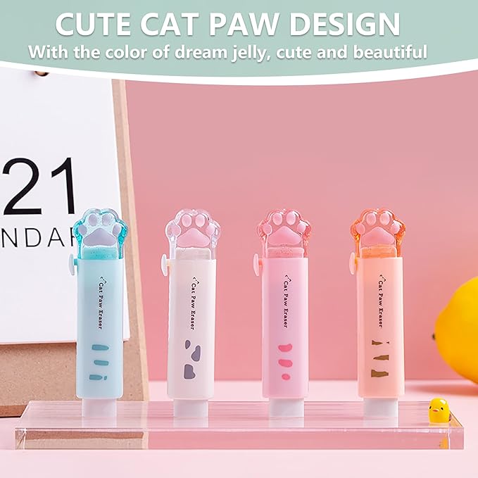 PANDENNER Retractable Pencil Eraser, Cute Erasers,Cat Paw Eraser,Suitable for School Home Office Supplies, 4Pcs (Eraser-BLFC)
