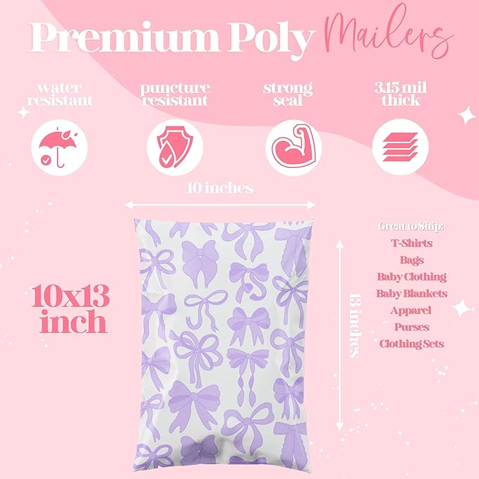 Pretty Package Store 10x13 Designer Poly Mailer 100 Pack Heavy Duty Waterproof Self Seal Shipping Bags for Small Business Large Mailing Envelopes Bulk Tear Resistant Packaging Purple Bows