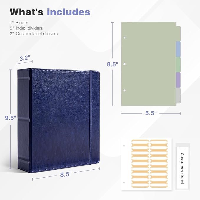 Ospelelf Leather Mini Binder Vintage Hardcover 2 Inch Rings, Professional Small 3 Ring Binders Organizer Suitable for 5.5" x 8.5" Documents, Binder Dividers with Tabs, Dark Blue