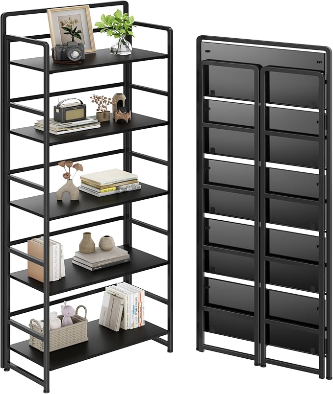THKKY No Assembly Folding Bookshelf, 5 Tiers Collapsible Book Shelf for Home Office, Vintage Wood Foldable Bookcase Storage Organizer for Living Room Bedroom (Black)