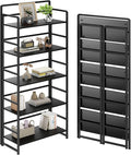THKKY No Assembly Folding Bookshelf, 5 Tiers Collapsible Book Shelf for Home Office, Vintage Wood Foldable Bookcase Storage Organizer for Living Room Bedroom (Black)