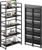 THKKY No Assembly Folding Bookshelf, 5 Tiers Collapsible Book Shelf for Home Office, Vintage Wood Foldable Bookcase Storage Organizer for Living Room Bedroom (Black)