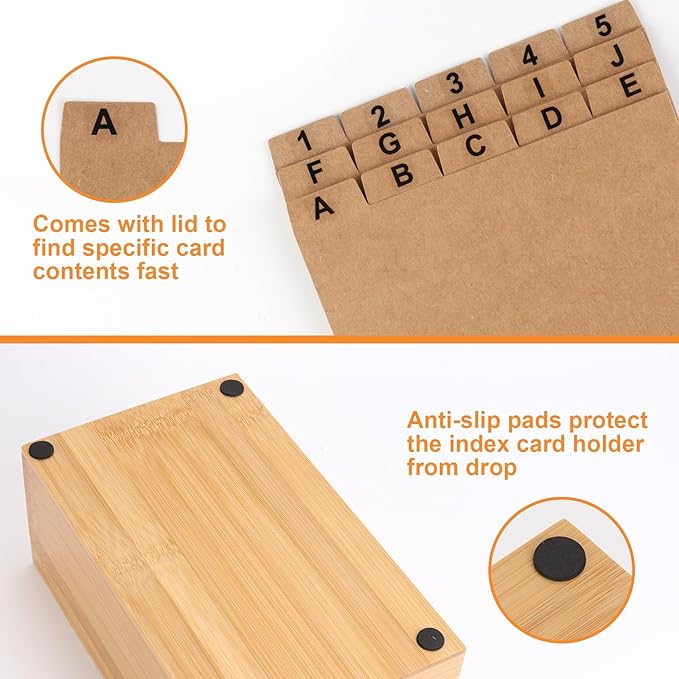 3x5 Index Card Holder with Dividers Bamboo Index Card Organizer Index Card Storage Box 150 Index Flash Cards 25 Index Cards Dividers 2 Letter Smile Stickers for Office Business Home (3 x 5 Inches)
