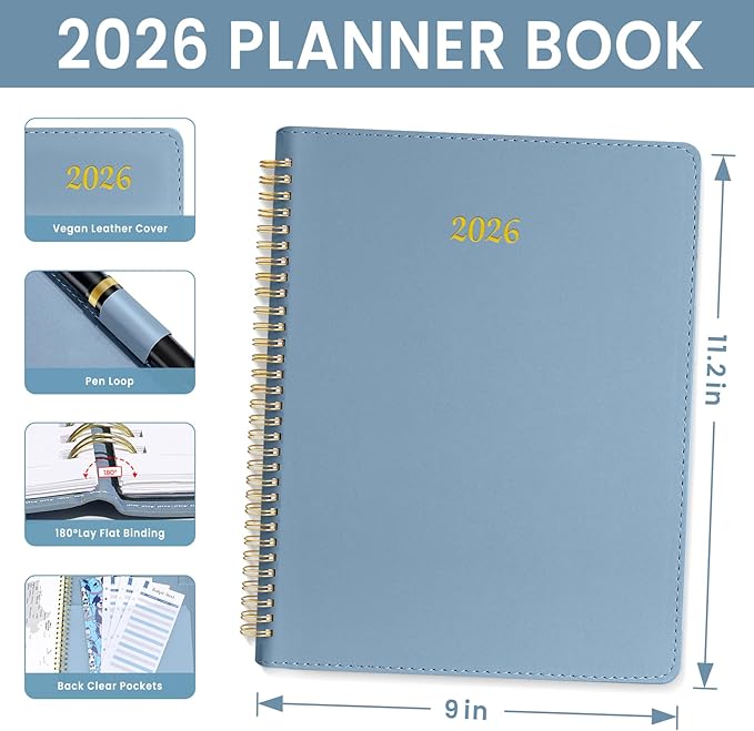 2026 Planner, Annecy Weekly ＆ Monthly Planner 2026, Jan. 2026 – Dec. 2026, 9" x 11" Monthly Agenda Planner with Tabs, Vegan Leather Cover, Spiral Binding, Double-sided Pocket, Bookmark, Grey Blue