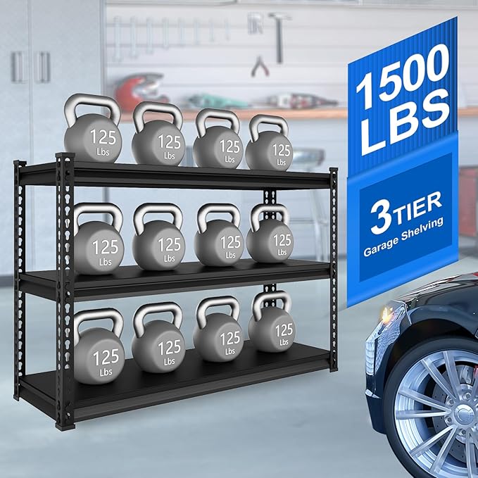 SDXYSTCE 48" W Garage Shelving Heavy Duty, 1500LBS Loads Adjustable Garage Storage Shelves, 3-Tier Metal Shelving Units and Storage Racks, Industrial Utility Shelf,48" Wx18 Dx39 H, Black